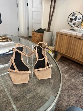 Zara Nude Suede Studded Ankle-Strap Heels
